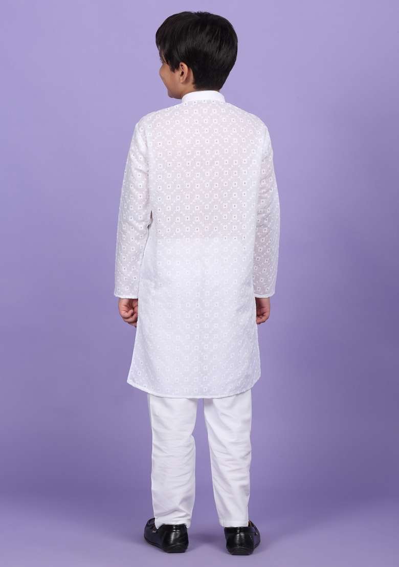 White Embroidered Cotton Blend Kurta For Boys - Indya