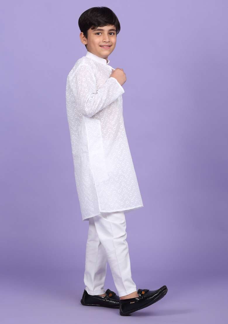 White Embroidered Cotton Blend Kurta For Boys - Indya
