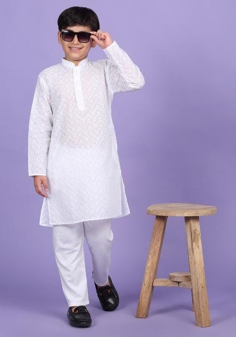 White Embroidered Cotton Blend Kurta For Boys