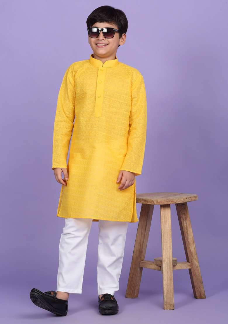 Yellow Embroidered Cotton Blend Kurta For Boys - Indya