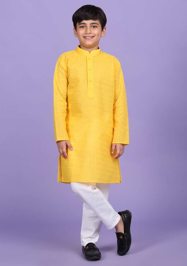 Yellow Embroidered Cotton Blend Kurta For Boys - Indya