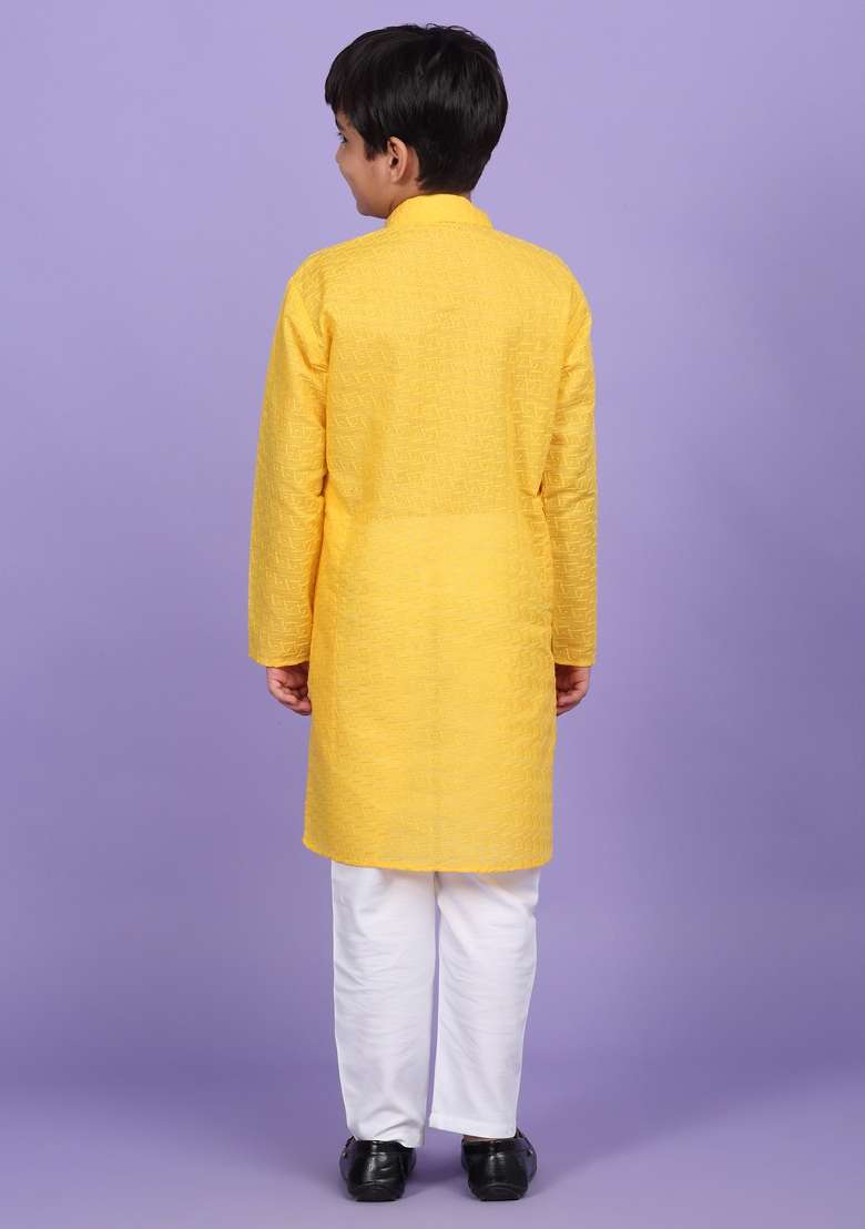 Yellow Embroidered Cotton Blend Kurta For Boys - Indya