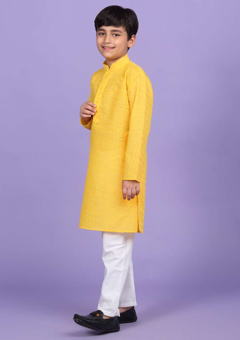 Yellow Embroidered Cotton Blend Kurta For Boys - Indya