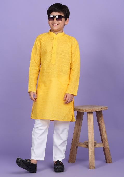 Yellow Embroidered Cotton Blend Kurta For Boys