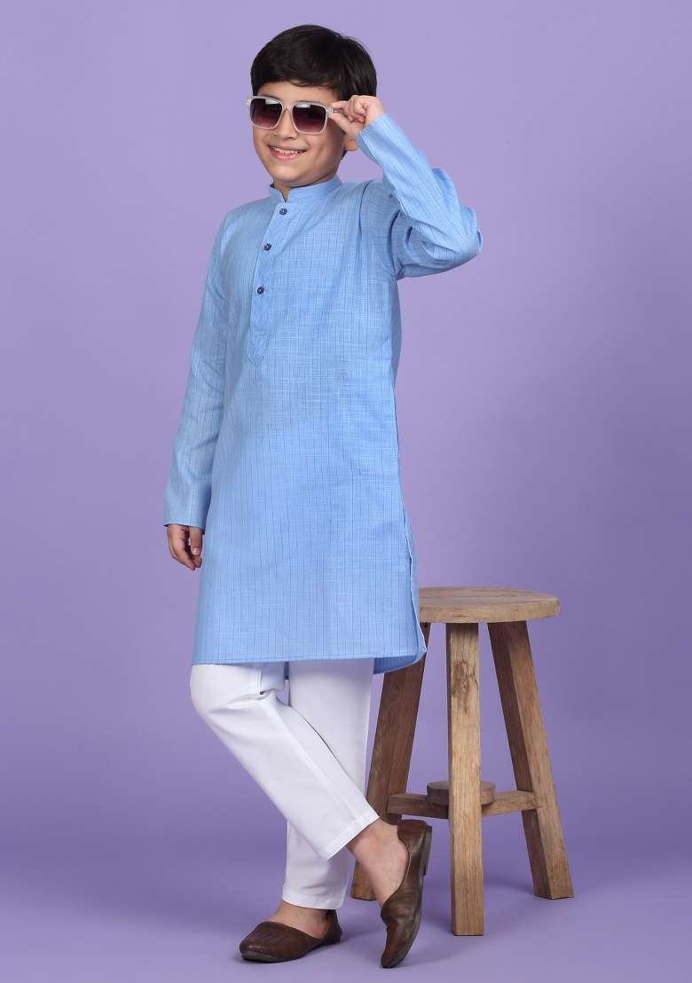 Blue Striped Cotton Blend Kurta For Boys - Indya