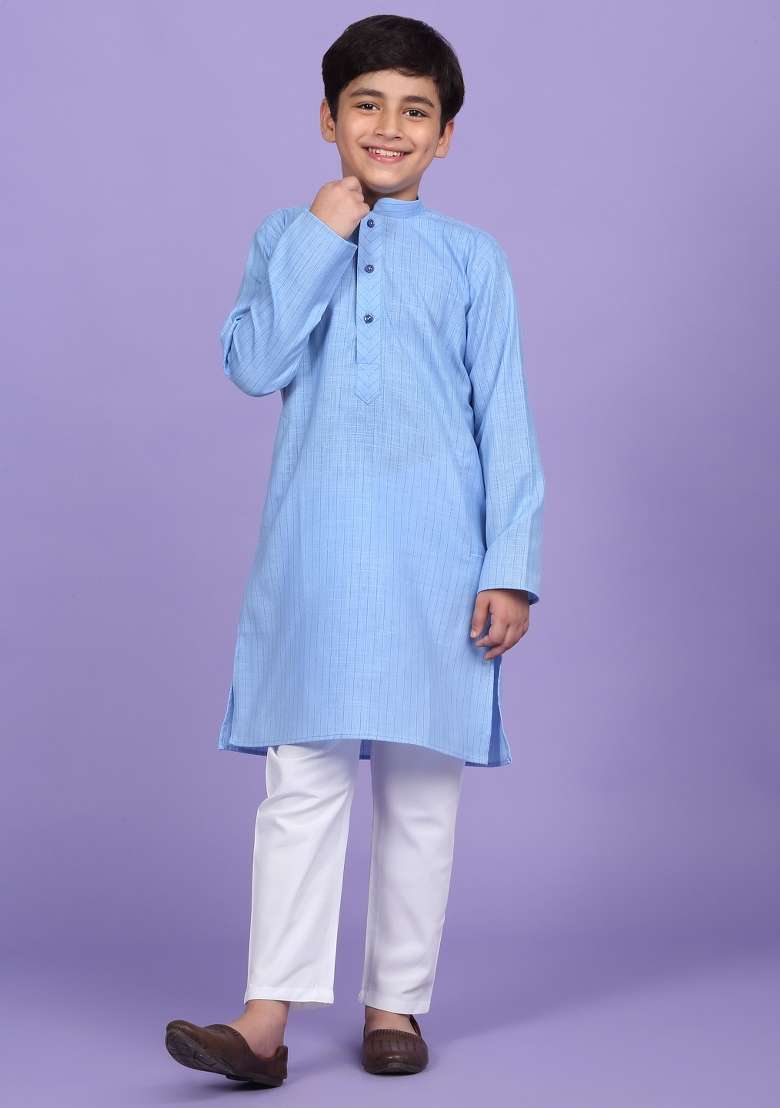 Blue Striped Cotton Blend Kurta For Boys - Indya