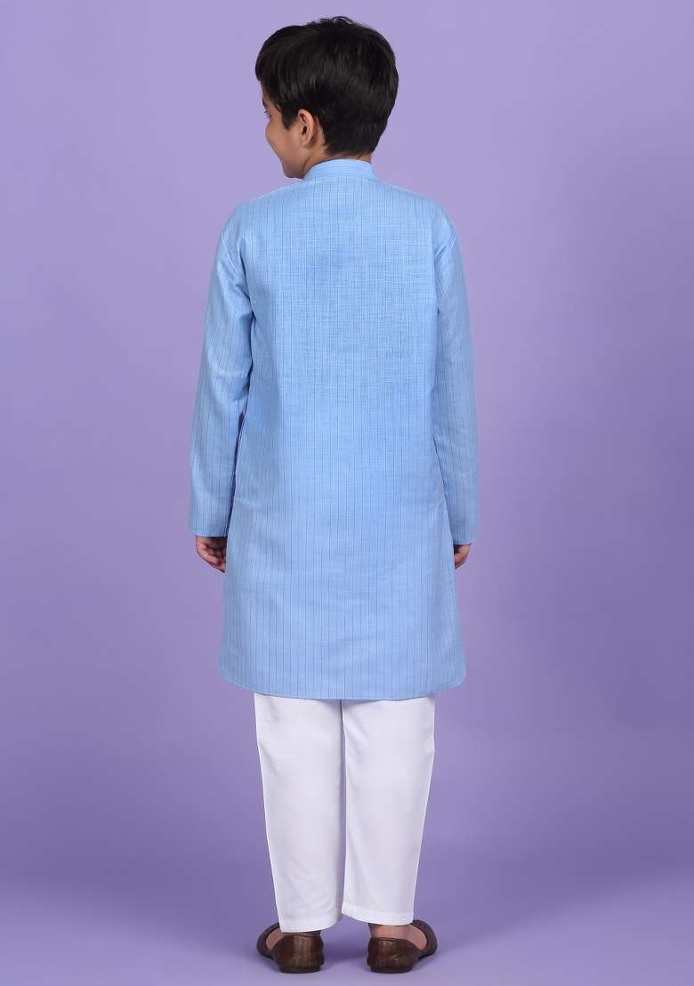 Blue Striped Cotton Blend Kurta For Boys - Indya