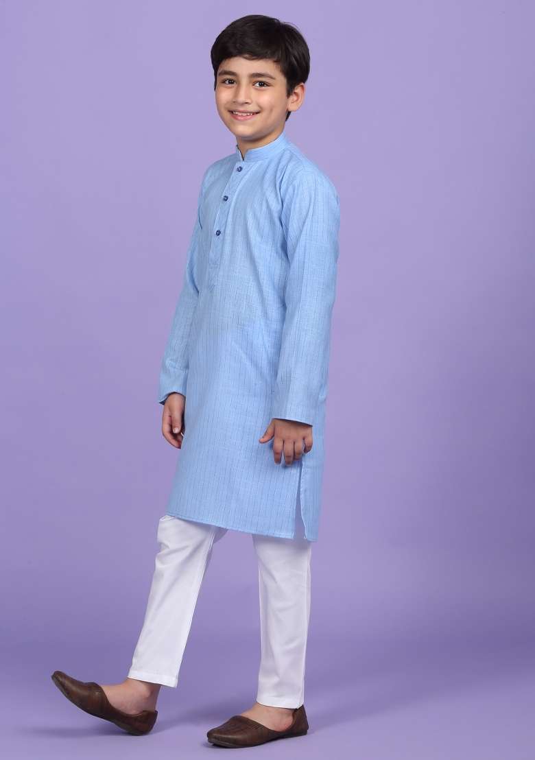 Blue Striped Cotton Blend Kurta For Boys - Indya