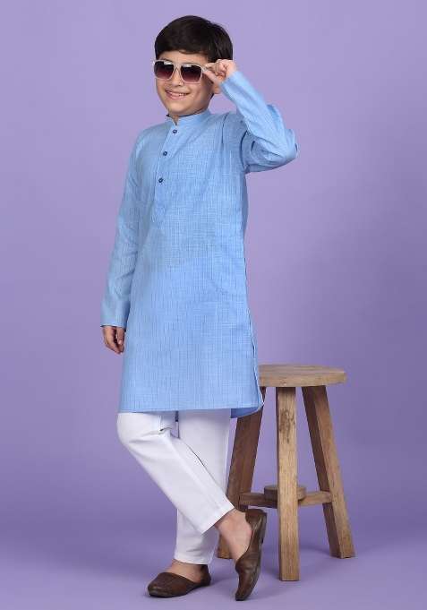 Blue Striped Cotton Blend Kurta For Boys