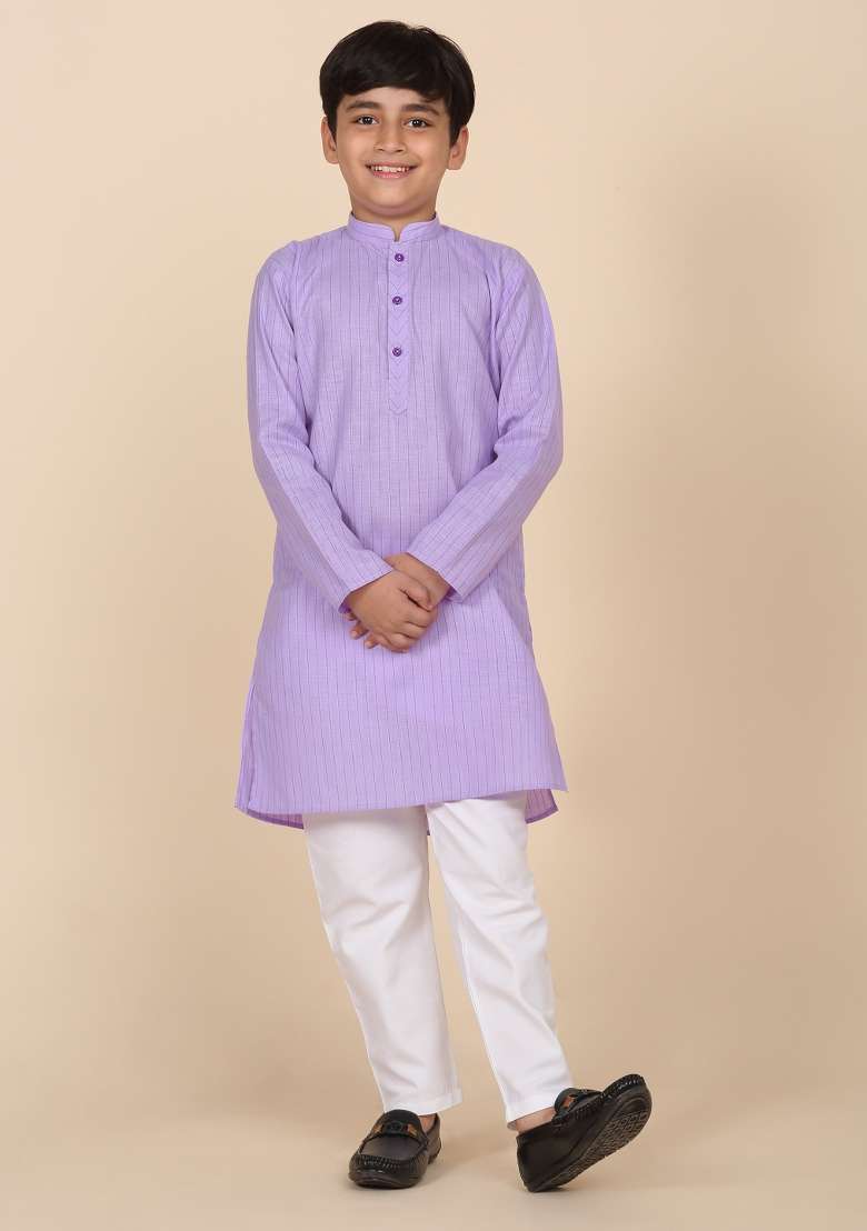 Purple Striped Cotton Blend Kurta For Boys - Indya