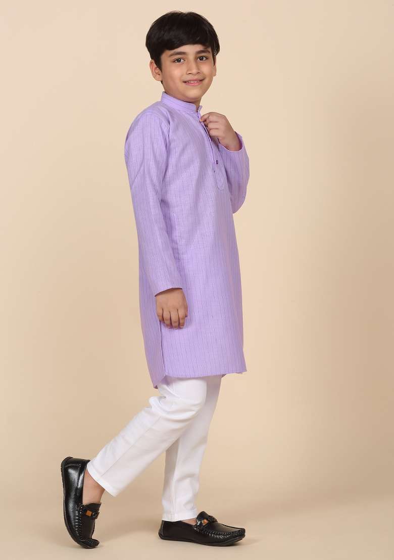 Purple Striped Cotton Blend Kurta For Boys - Indya