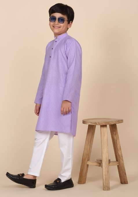 Purple Striped Cotton Blend Kurta For Boys