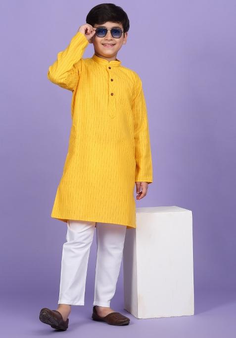 Yellow Striped Cotton Blend Kurta For Boys
