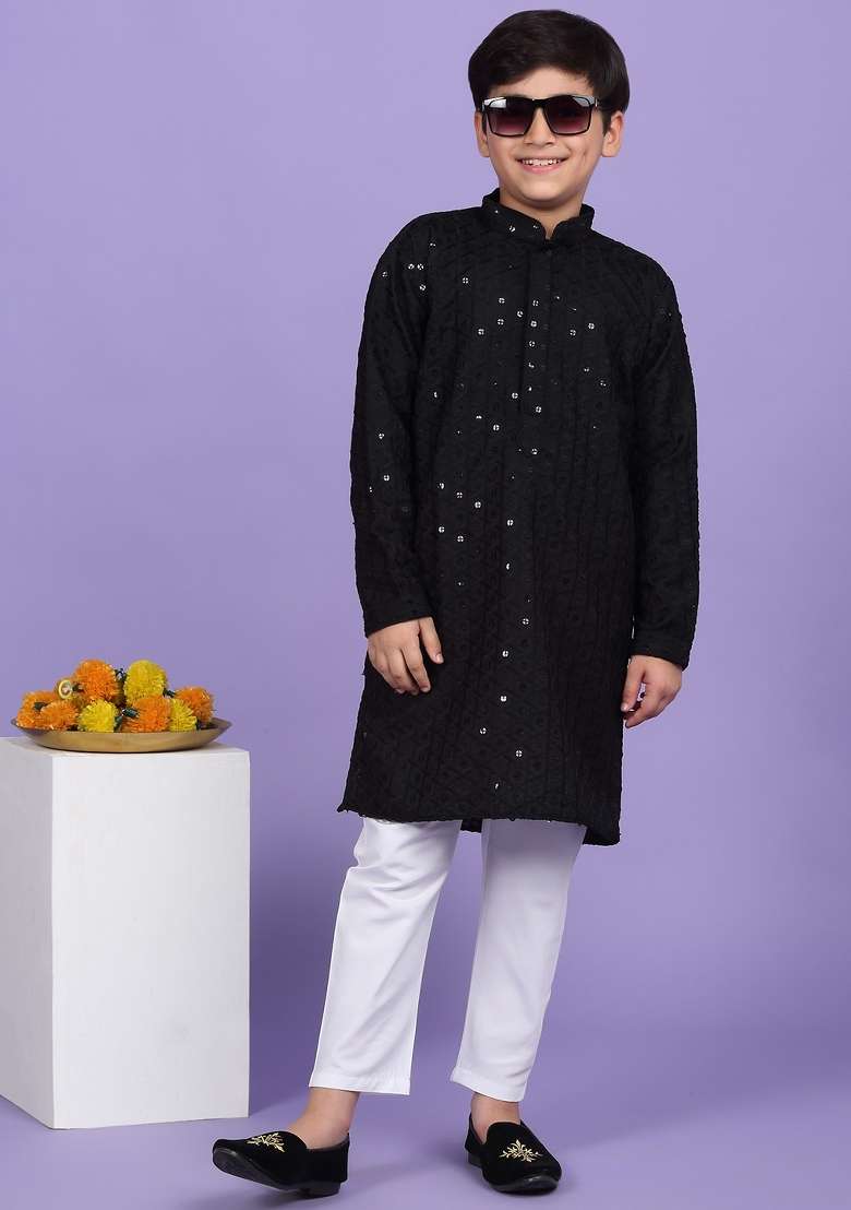 Black Embroidered Cotton Blend Kurta For Boys - Indya