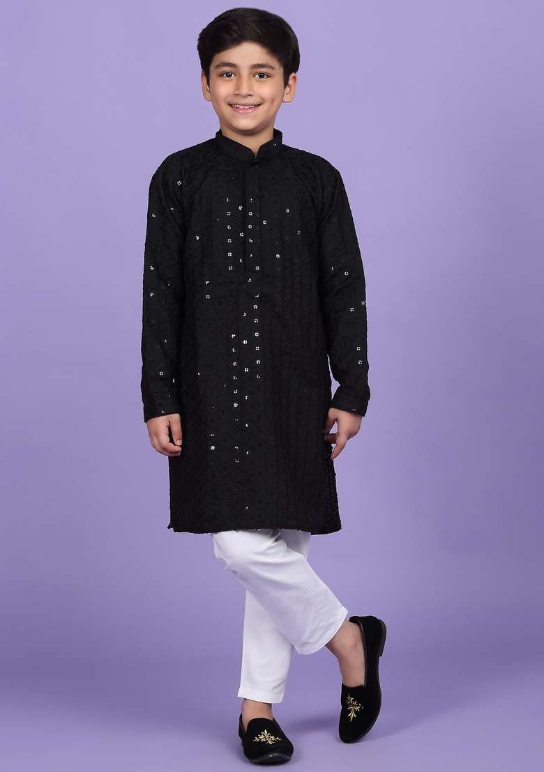 Black Embroidered Cotton Blend Kurta For Boys - Indya