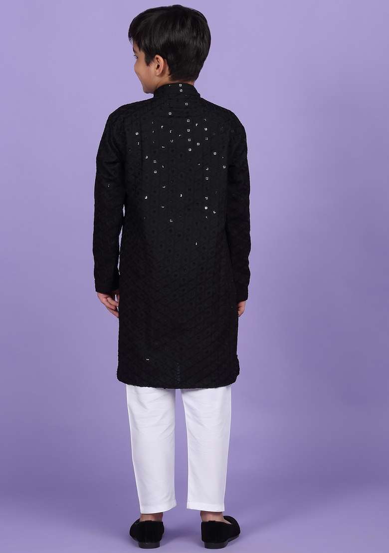 Black Embroidered Cotton Blend Kurta For Boys - Indya