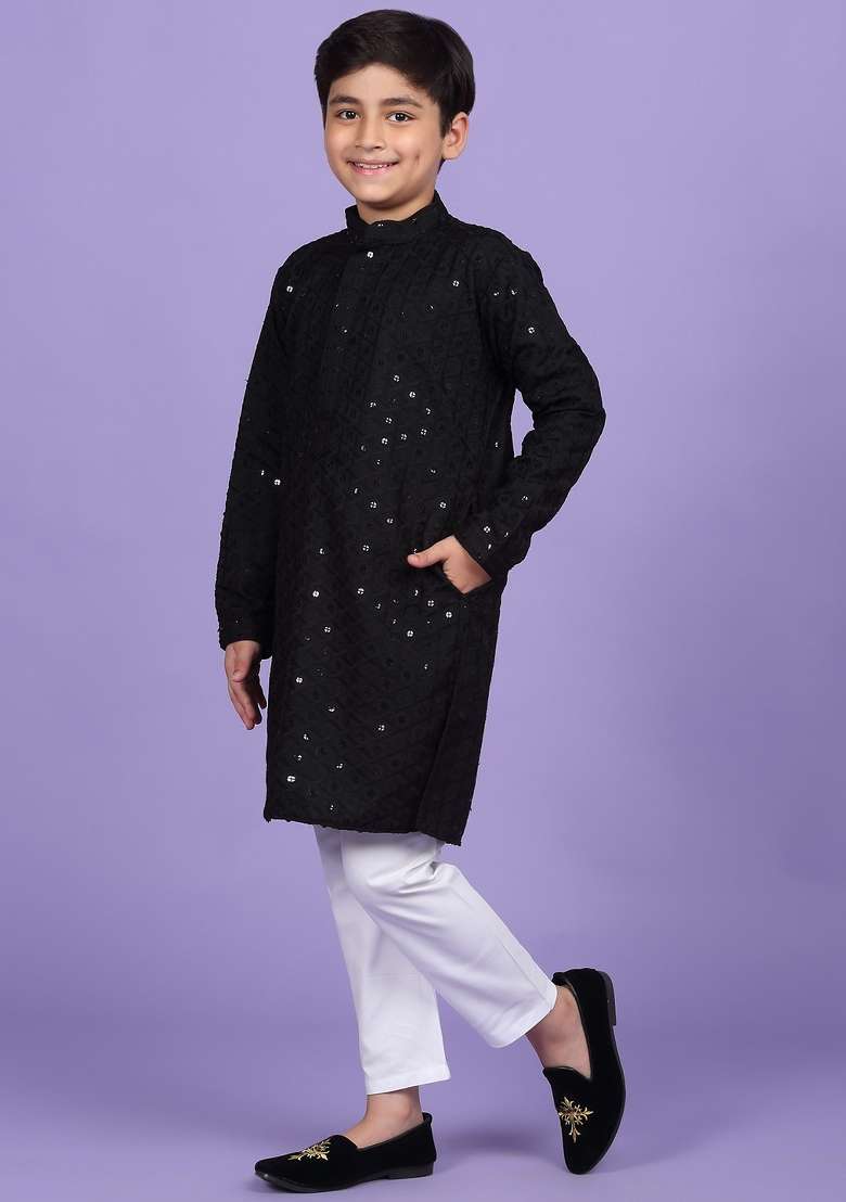 Black Embroidered Cotton Blend Kurta For Boys - Indya