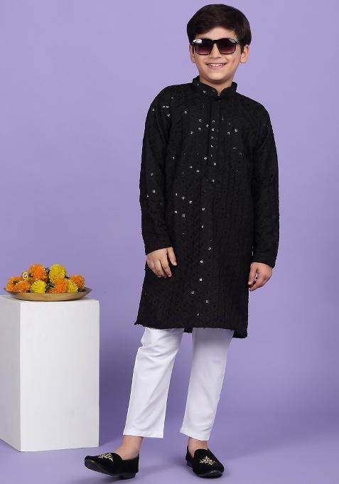 Black Embroidered Cotton Blend Kurta For Boys