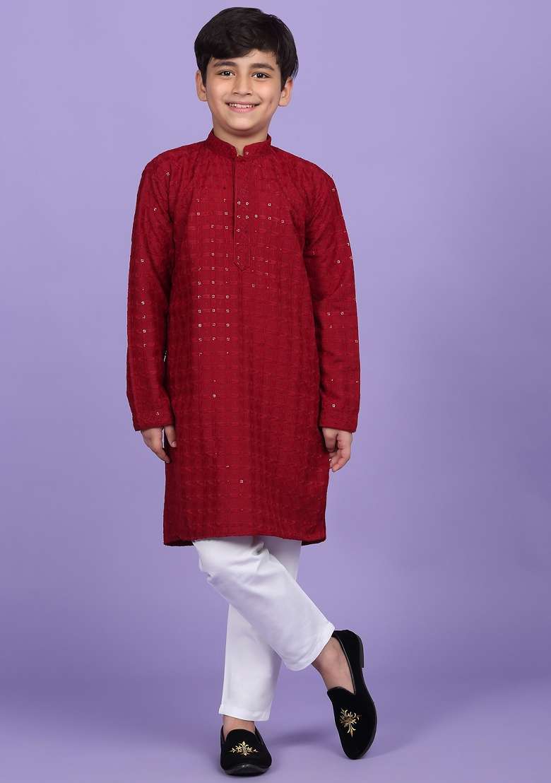 Maroon Embroidered Cotton Blend Kurta For Boys - Indya