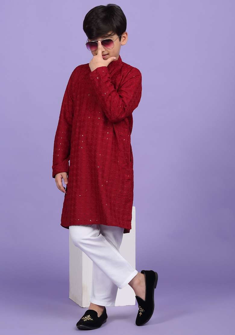 Maroon Embroidered Cotton Blend Kurta For Boys - Indya