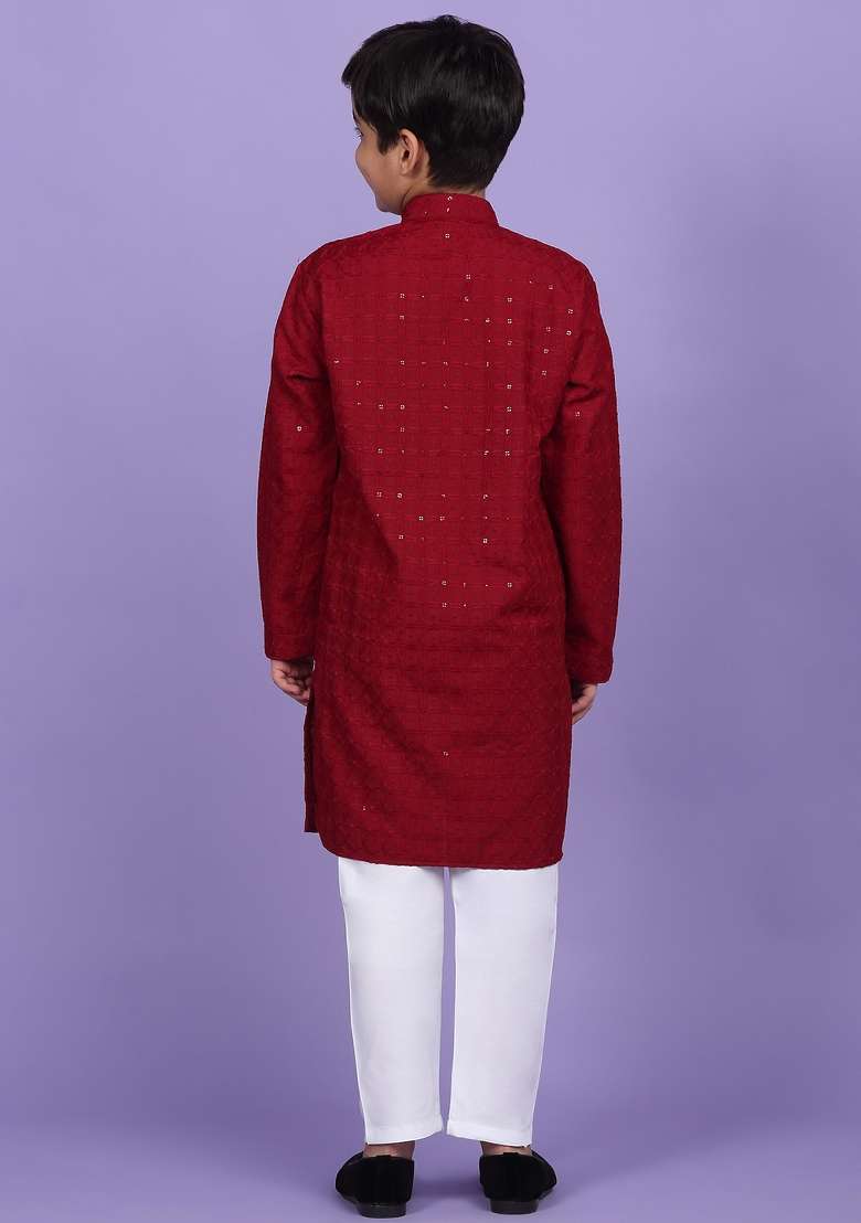 Maroon Embroidered Cotton Blend Kurta For Boys - Indya