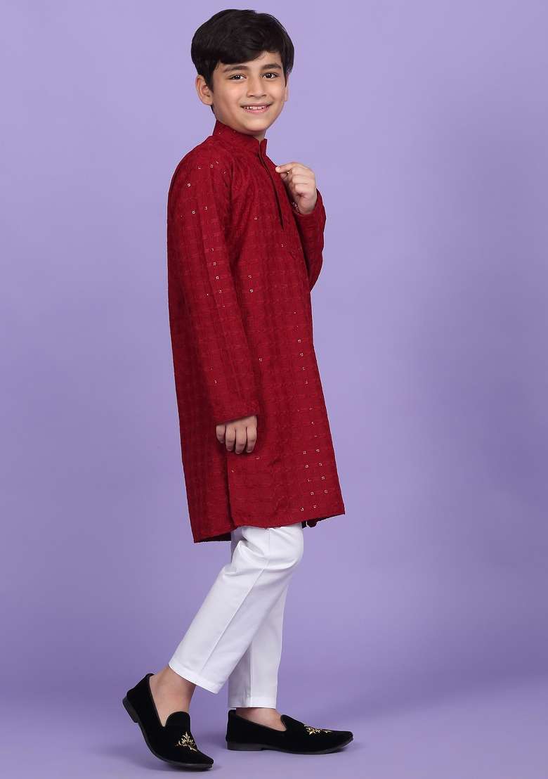 Maroon Embroidered Cotton Blend Kurta For Boys - Indya