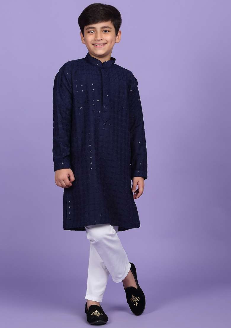 Navy Blue Embroidered Cotton Blend Kurta For Boys - Indya