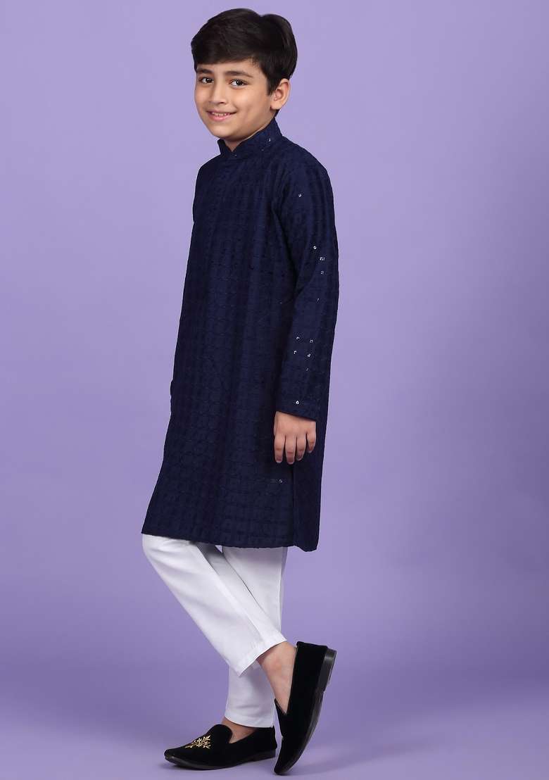 Navy Blue Embroidered Cotton Blend Kurta For Boys - Indya