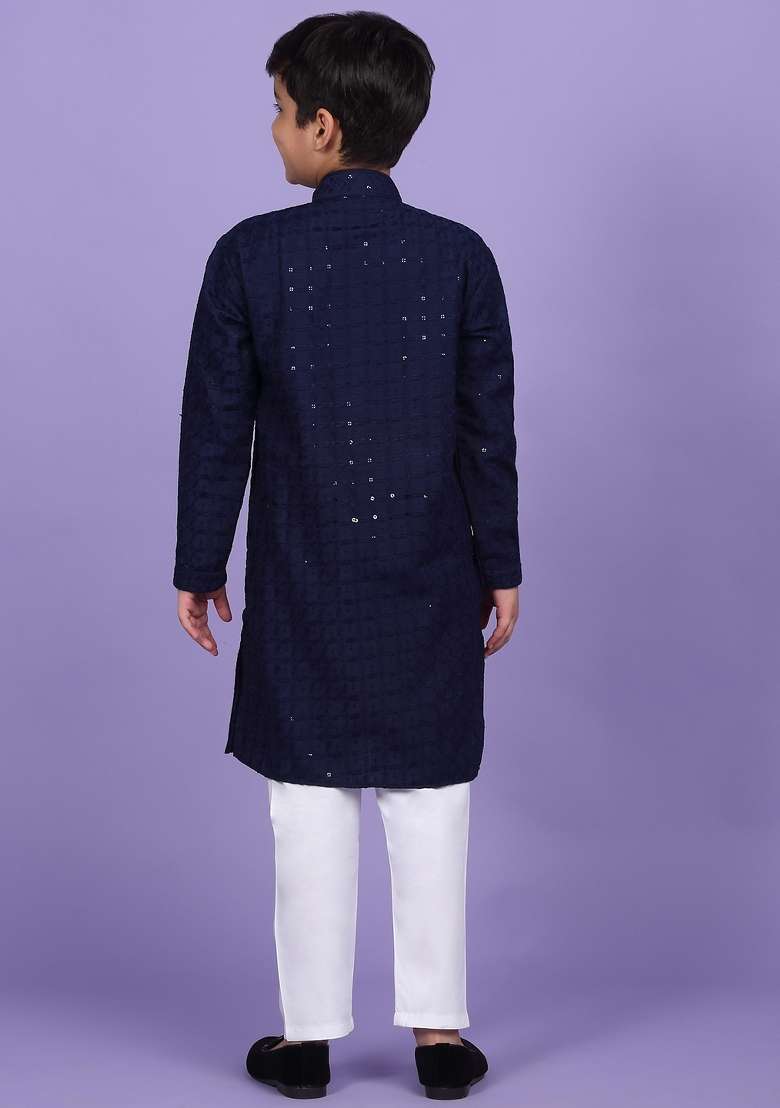 Navy Blue Embroidered Cotton Blend Kurta For Boys - Indya