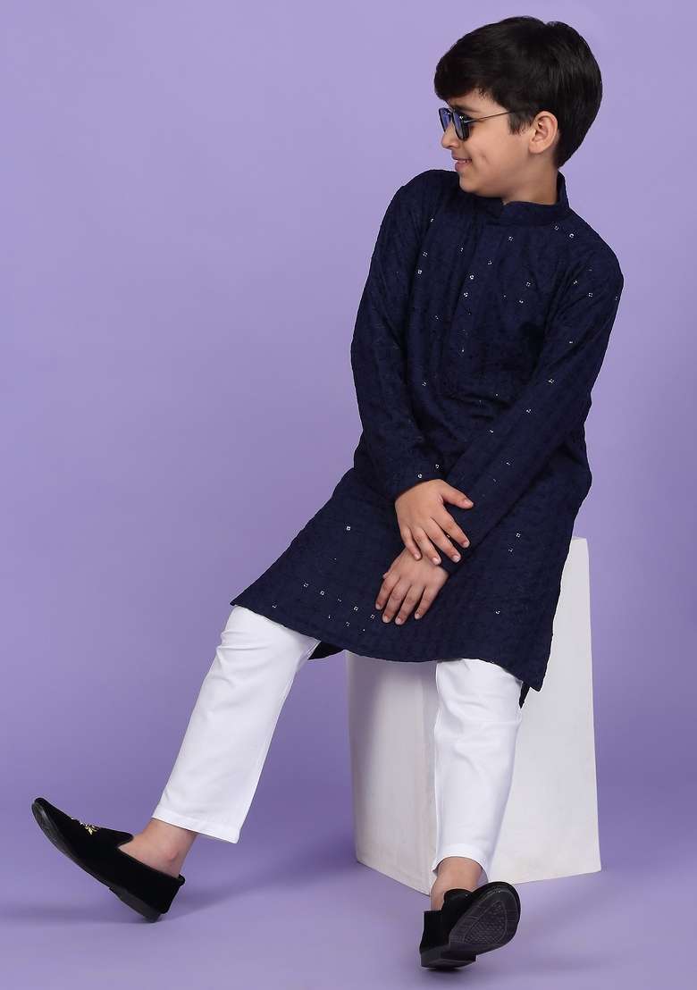 Navy Blue Embroidered Cotton Blend Kurta For Boys - Indya