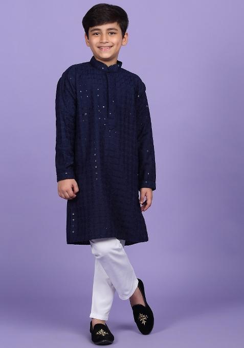 Navy Blue Embroidered Cotton Blend Kurta For Boys