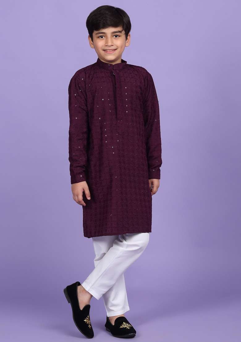 Purple Embroidered Cotton Blend Kurta For Boys - Indya
