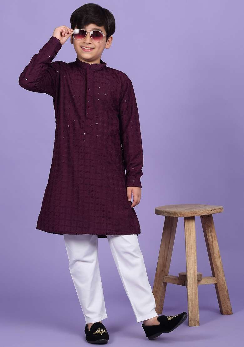 Purple Embroidered Cotton Blend Kurta For Boys - Indya