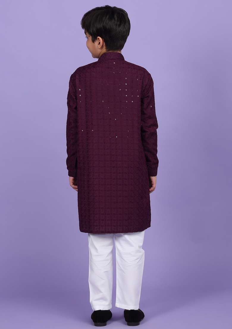 Purple Embroidered Cotton Blend Kurta For Boys - Indya