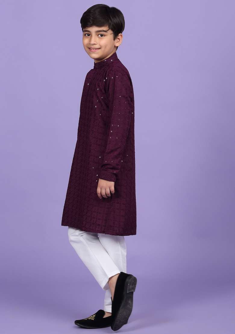 Purple Embroidered Cotton Blend Kurta For Boys - Indya