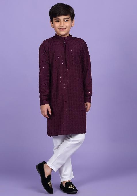 Purple Embroidered Cotton Blend Kurta For Boys