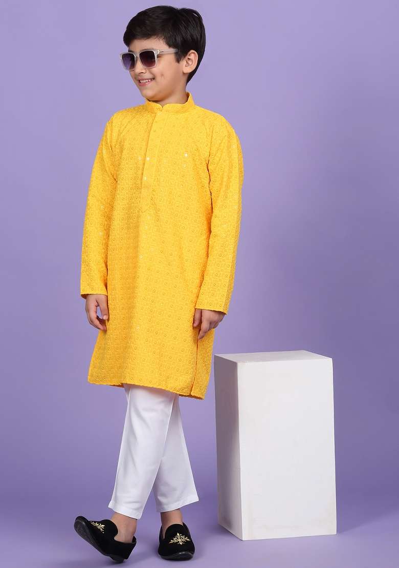 Yellow Embroidered Cotton Blend Kurta For Boys - Indya