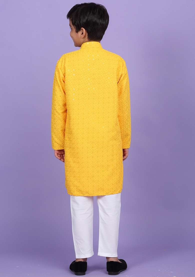 Yellow Embroidered Cotton Blend Kurta For Boys - Indya