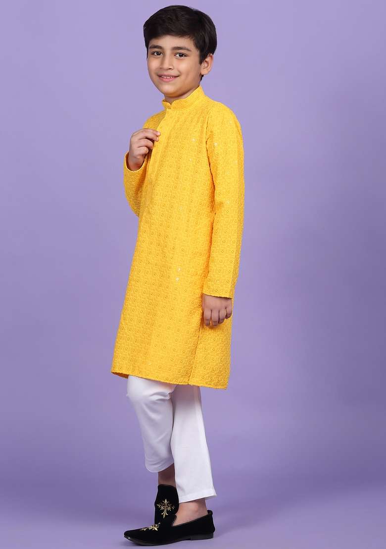 Yellow Embroidered Cotton Blend Kurta For Boys - Indya