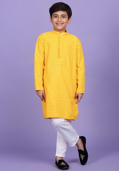 Yellow Embroidered Cotton Blend Kurta For Boys