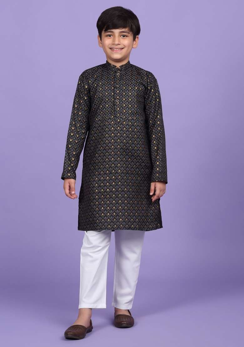 Black Printed Cotton Blend Kurta For Boys - Indya