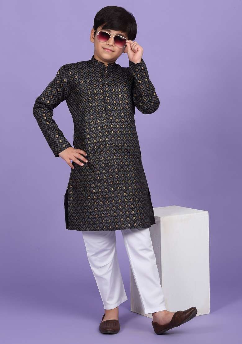Black Printed Cotton Blend Kurta For Boys - Indya