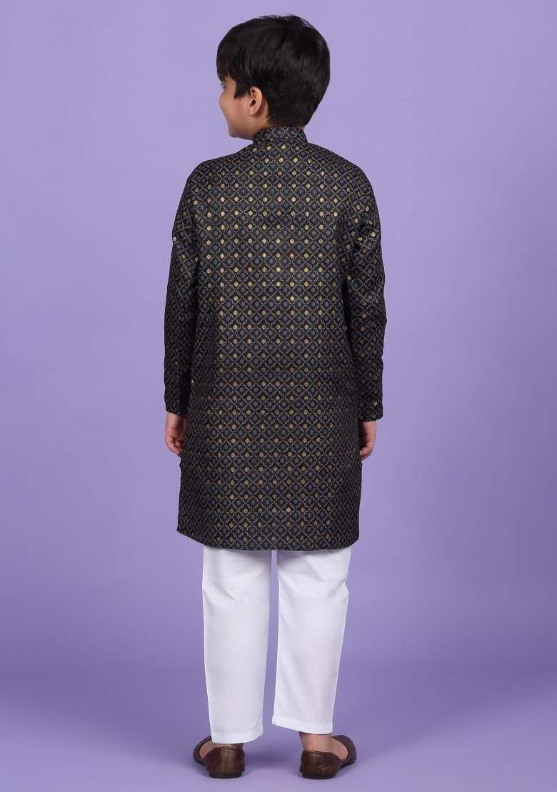 Black Printed Cotton Blend Kurta For Boys - Indya