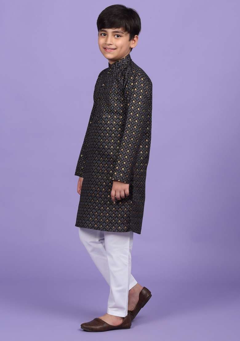 Black Printed Cotton Blend Kurta For Boys - Indya