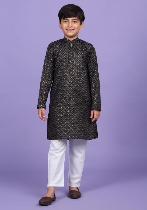 Black Printed Cotton Blend Kurta For Boys