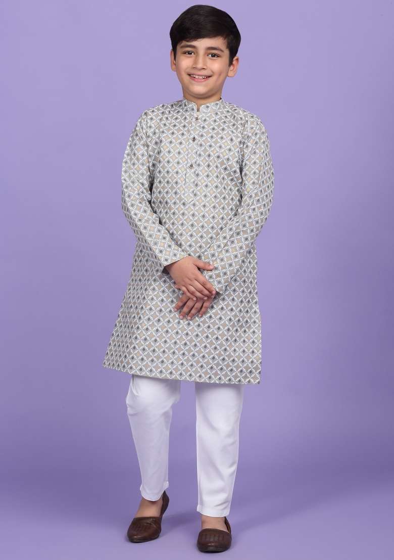 Grey Printed Cotton Blend Kurta For Boys - Indya