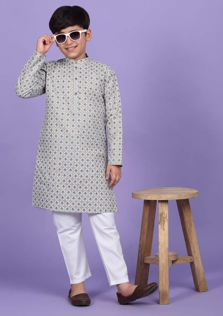 Grey Printed Cotton Blend Kurta For Boys - Indya