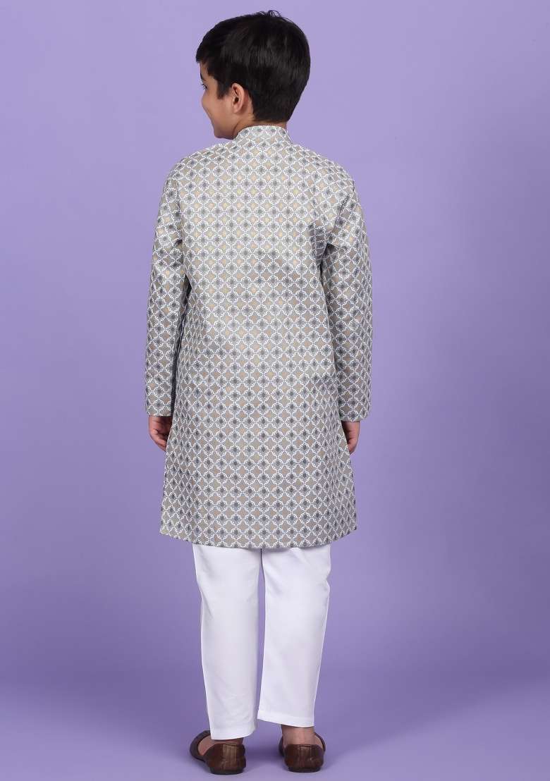 Grey Printed Cotton Blend Kurta For Boys - Indya