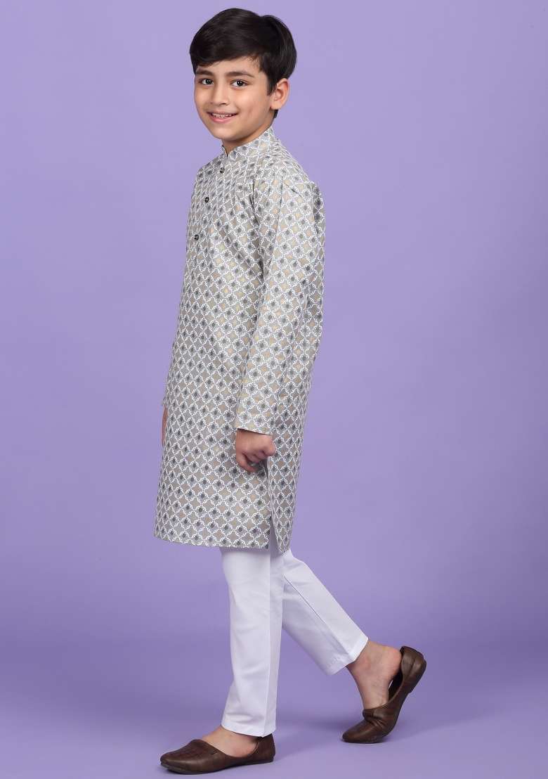 Grey Printed Cotton Blend Kurta For Boys - Indya