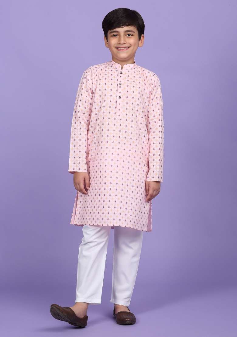 Pink Printed Cotton Blend Kurta For Boys - Indya